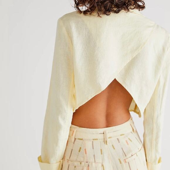 Free People Light Yellow Linen Crossover Back Bennie Crop Blazer Size XS - Picture 2 of 5